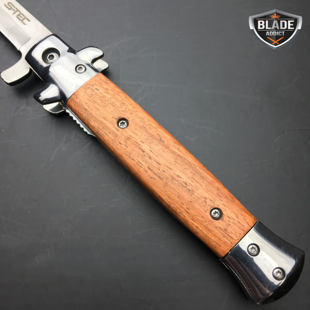 9" Classic Italian Milano Wood Assist Open Folding Stiletto Blade Pocket Knife