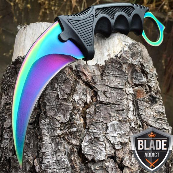 3 PC Rainbow Fade Tactical Hunting Fixed Blade Knife Karambit Set Wrench Tool