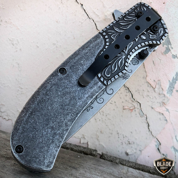8.25" Heavy Duty FLORAL Tactical Spring Assisted Open Folding Pocket Knife Blade