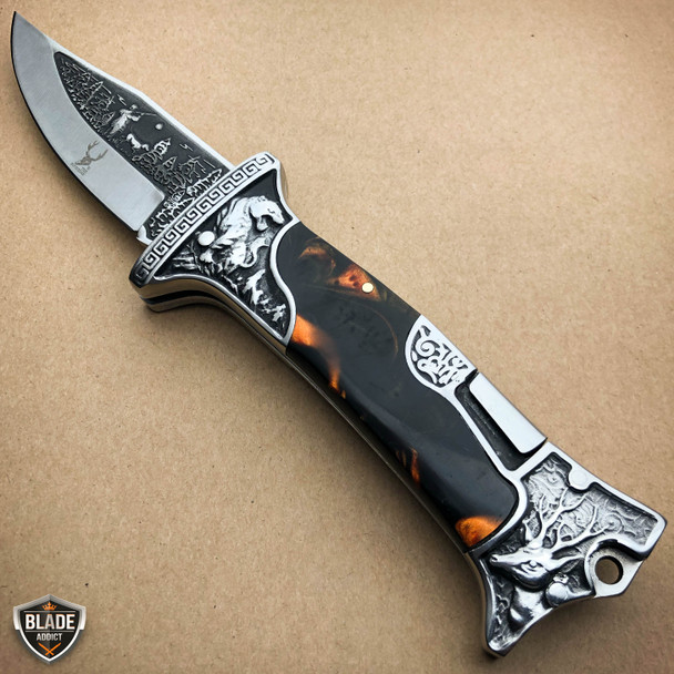 9" Back Lock Tactical Folding Pocket Knife Hunting Blade Engraved 3CR13 S Steel