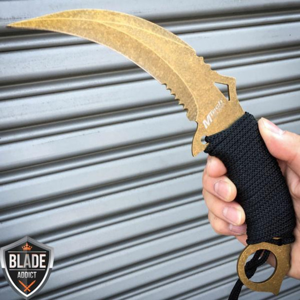 TACTICAL COMBAT KARAMBIT KNIFE SURVIVAL HUNTING BOWIE Fixed Blade w/ SHEATH GOLD