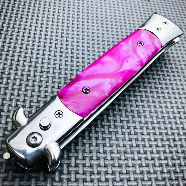 Automatic Push Button Folding Comb Switchblade Knife Looking Brush Pink Pearl