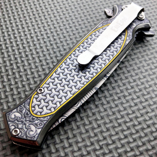 8.25" Damascus Etch Style Dirk Dagger Spring Open Assisted Pocket Knife Blade