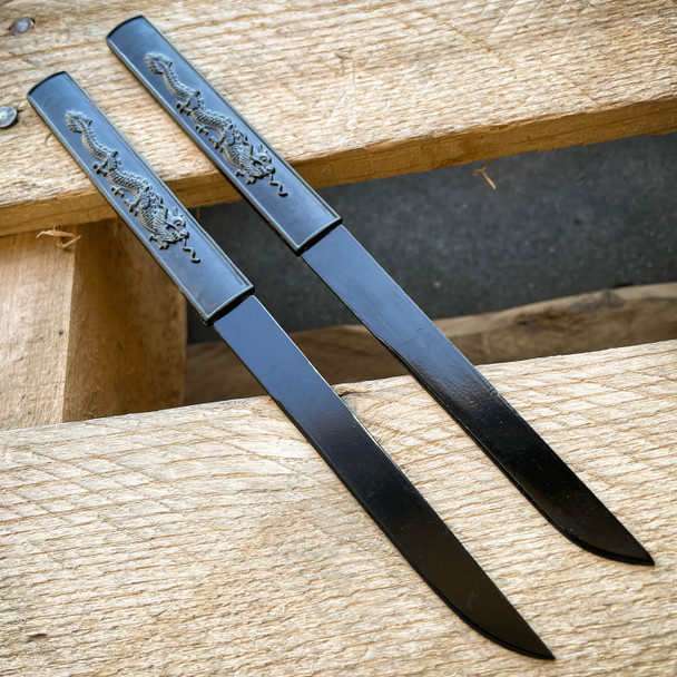 Japanese Samurai Sword KATANA Carbon Steel Blade BLACK Dragon w Throwing Knives