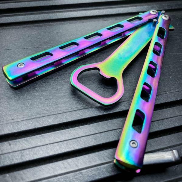 Bottle Opener Rainbow Practice BALISONG METAL BUTTERFLY Trainer Dull Knife Blade