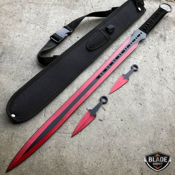 27" Ninja Sword Tactical Fixed BLADE Machete w/ 2 Throwing Knife  + Sheath Set