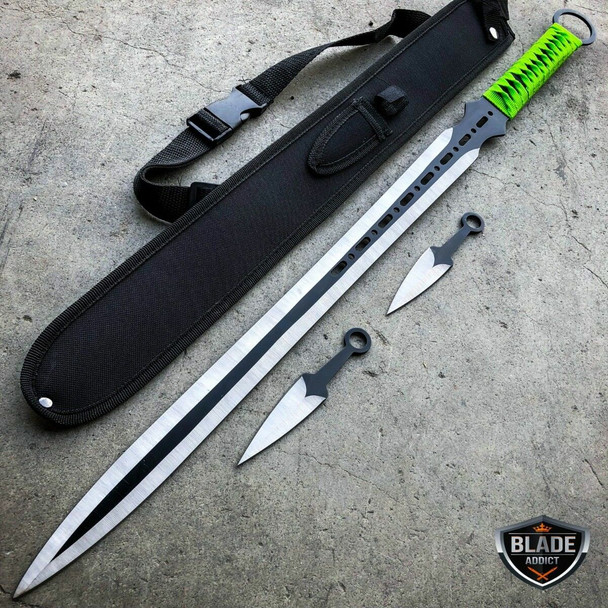 27" Ninja Sword Tactical Fixed BLADE Machete w/ 2 Throwing Knife  + Sheath Set