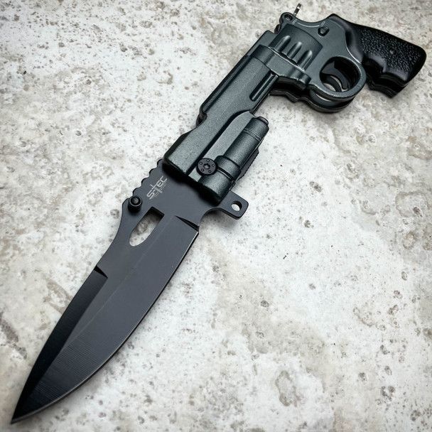 9" REVOLVER Tactical Pistol Replica Gun Spring OPEN Assisted Grey Pocket Knife
