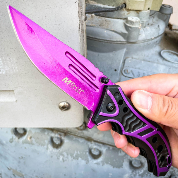 MTECH USA 8.25 PURPLE SPRING OPEN ASSISTED TACTICAL FOLDING POCKET KNIFE  Blade - MEGAKNIFE