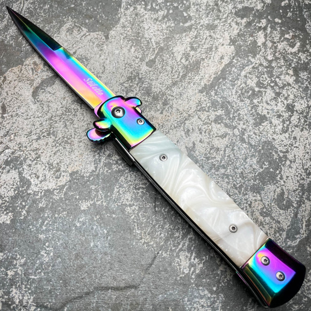 9" Italian Style Rainbow Spring Assisted Open Folding Stiletto Pocket Knife