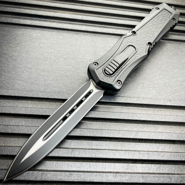 MORTAR DAGGER AUTOMATIC OTF POCKET KNIFE - STAINLESS STEEL BLADE, ALUMINUM HANDLE, SLIDE TRIGGER - CLOSED 5 3/4”