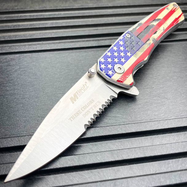8" MTECH USA Skull American Flag Spring Assisted PATRIOT Folding Pocket Knife