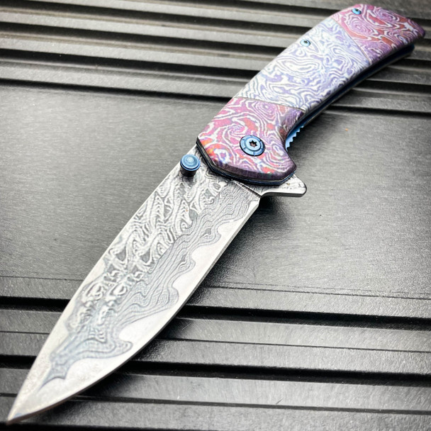 8" Heavy Titanium Damascus Etched Stainless Steel Spring Assisted Pocket Knife