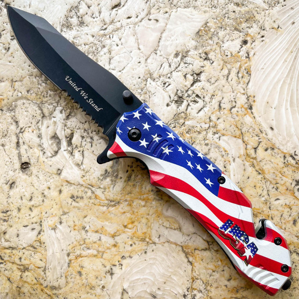 8" USA American Flag Spring Assisted Open Folding Rescue Camping Pocket Knife