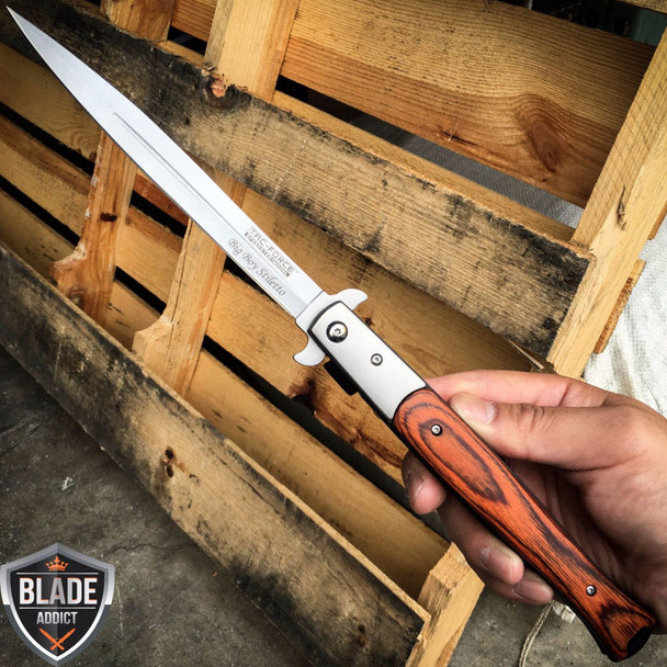 *Custom Engraving* TAC FORCE 13" Extra Large Spring Assisted Open STILETTO HARDWOOD Pocket Knife