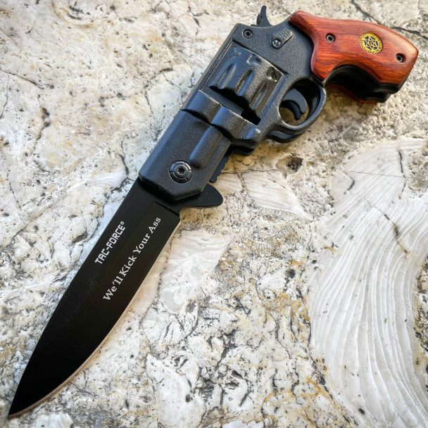 *Custom Engraving* 8" Tactical HAND PISTOL Revolver Gun Metal Folding Assisted WOOD Pocket Knife