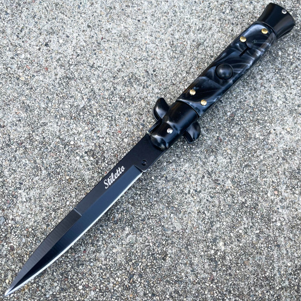 8.75" Black Italian Stiletto Switch Blade Pocket Knife Black Pearl