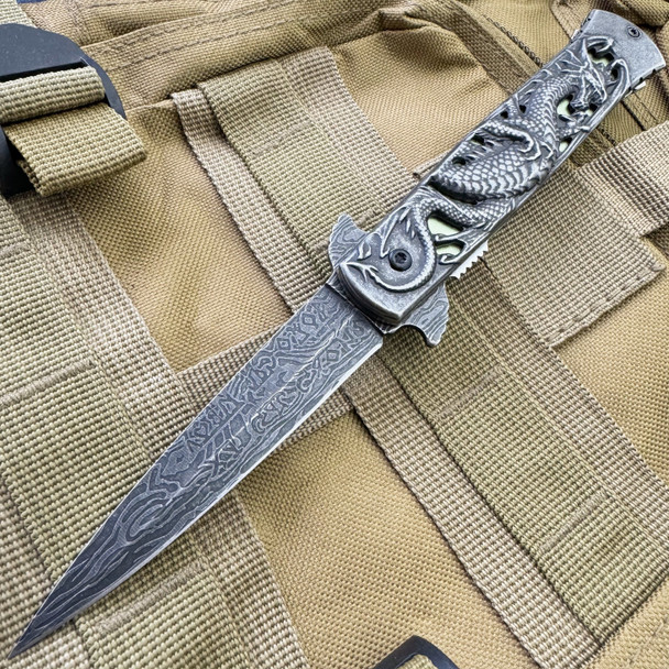 8.75" DRAGON Stiletto Spring Assisted Etch Blade FOLDING POCKET KNIFE Grey