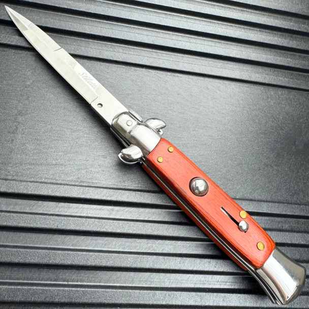 8.75" Classic Italian Stiletto Switch Blade Pocket Knife Wood