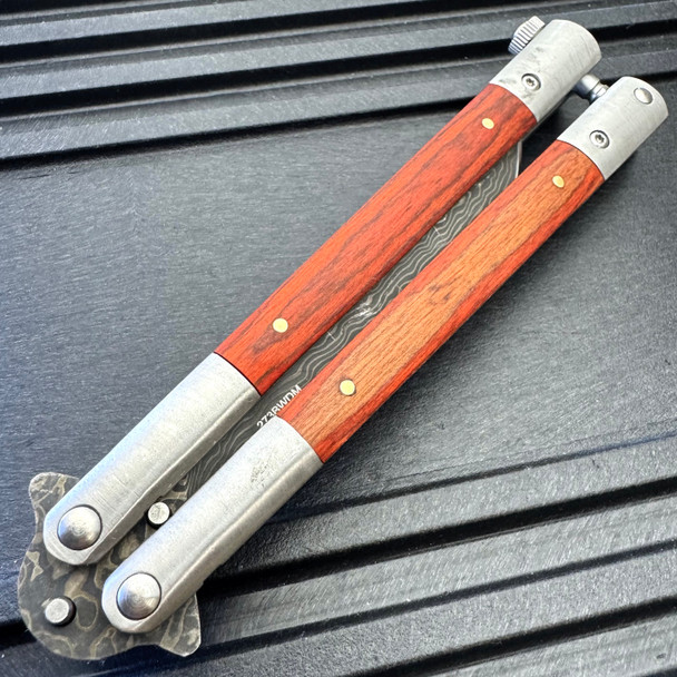 Damascus Etch Wood Handle Balisong Butterfly Knife