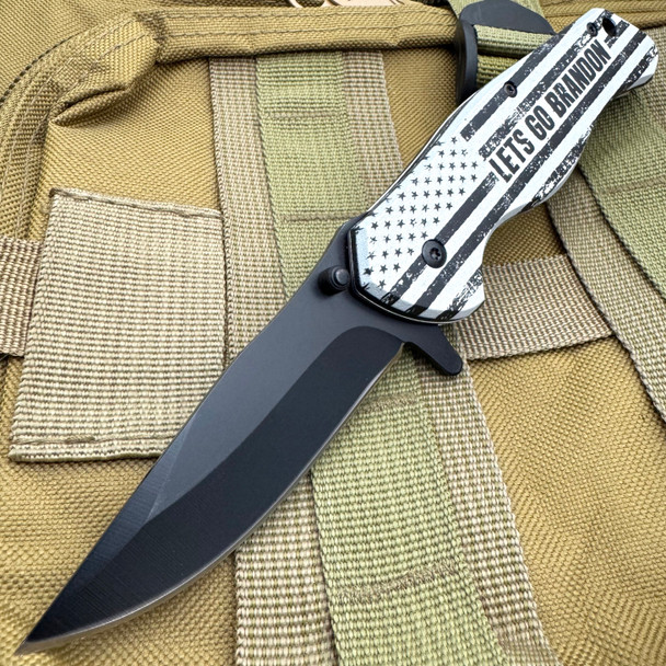 7.5" Spring Assisted Knife " Let's Go Brandon" Black & White