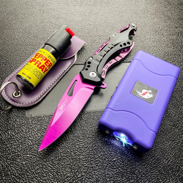 Purple Stun Gun Flashlight + Pocket Knife + Pepper Spray Self Defense