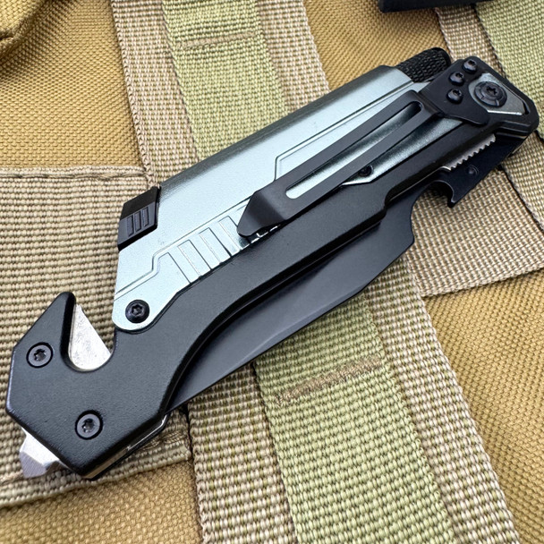 8.5" Survival Rescue Pocket Knife w/ LED Light Grey 8.5" Survival Rescue Pocket Knife w/ LED Light Grey