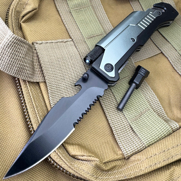8.5" Survival Rescue Pocket Knife w/ LED Light Grey 8.5" Survival Rescue Pocket Knife w/ LED Light Grey