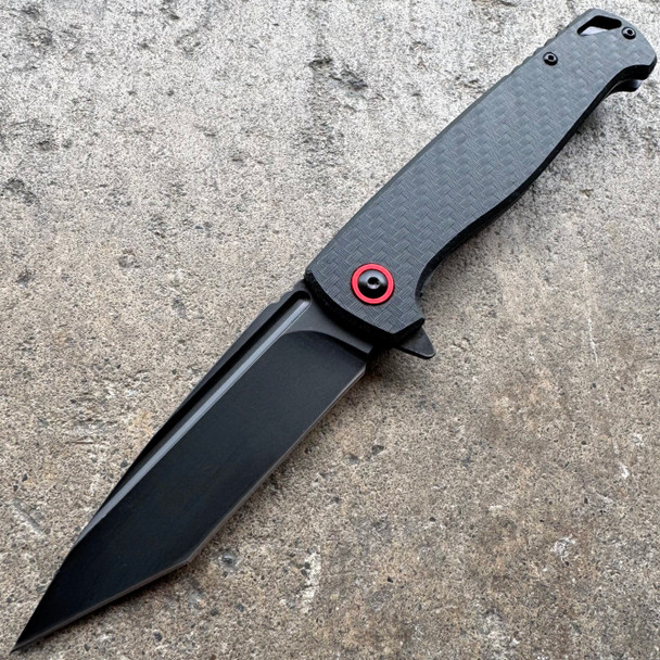 Tanto Black Coated Pocket Knife – Carbon Fiber Handle, Ball Bearing Assisted Knife