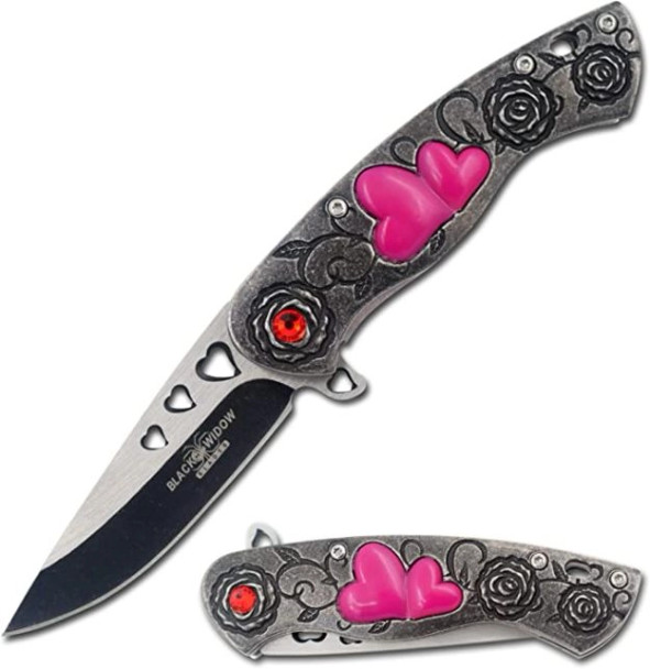 7" Black Widow Heart Spring Assisted Pocket Knife