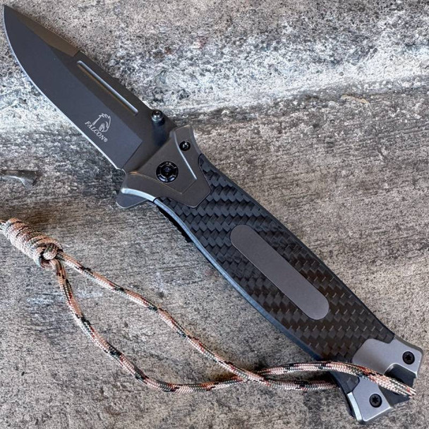 Outlander Hunter Survivor Spring Assisted Pocket Knife Carbon Fiber Handle