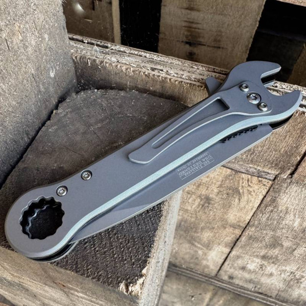 7.75" Grey Wrench Folding Pocket Knife Multi Tool