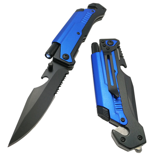 8.5" Survival Rescue Pocket Knife w/ LED Light - Blue