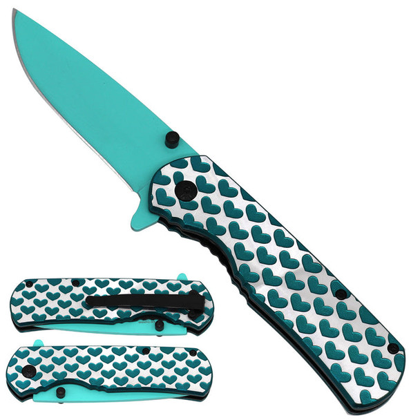  8" Teal Green HEARTS TACTICAL Combat Spring Assisted Open Pocket Knife Women