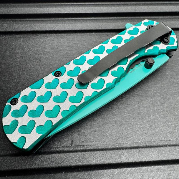  8" Teal Green HEARTS TACTICAL Combat Spring Assisted Open Pocket Knife Women