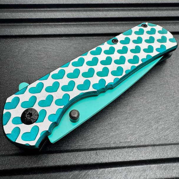  8" Teal Green HEARTS TACTICAL Combat Spring Assisted Open Pocket Knife Women