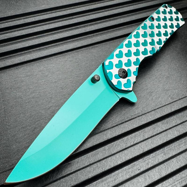 8" Teal Green HEARTS TACTICAL Combat Spring Assisted Open Pocket Knife Women