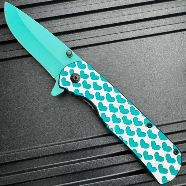  8" Teal Green HEARTS TACTICAL Combat Spring Assisted Open Pocket Knife Women