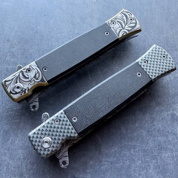 8.5" Damascus Etch Style Spring Assisted Open Folding Pocket Knife G10 Handle Blade