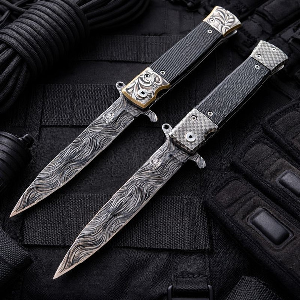 8.5" Damascus Etch Style Spring Assisted Open Folding Pocket Knife G10 Handle Blade