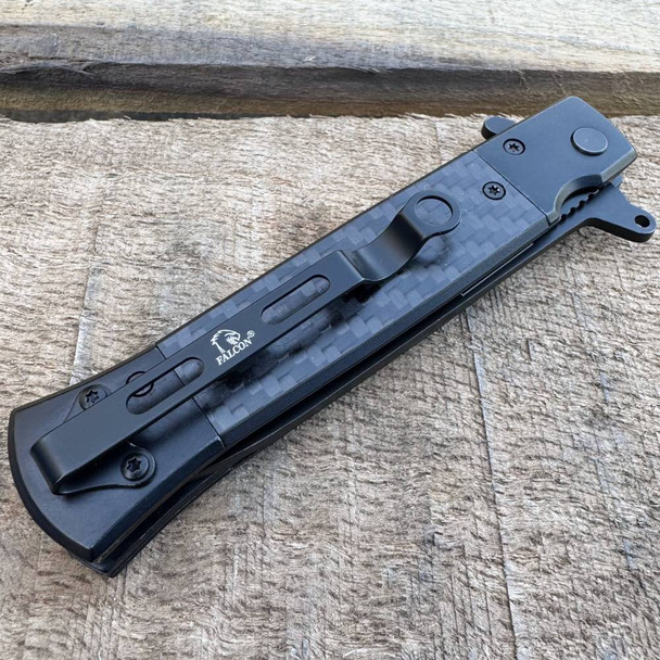 8.5" Military Black Spring Assisted Open Folding Pocket Knife Carbon Fiber Handle Blade