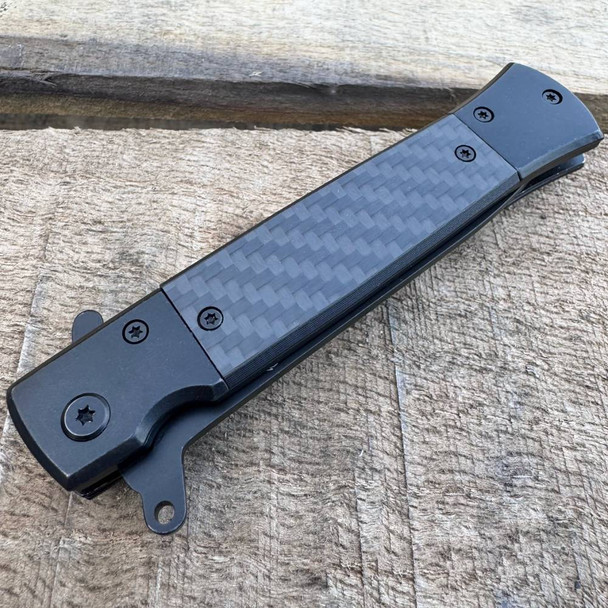 8.5" Military Black Spring Assisted Open Folding Pocket Knife Carbon Fiber Handle Blade