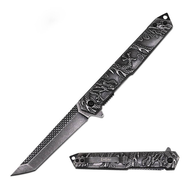 8.5" Dragon Stonewash Tanto Blade Pocket Knife