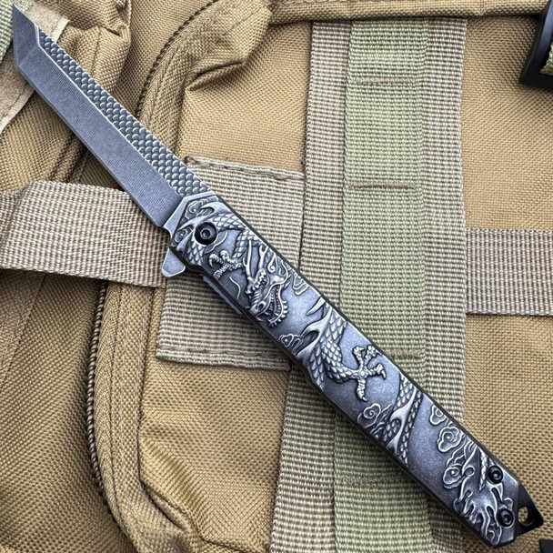 8.5" Dragon Stonewash Tanto Blade Pocket Knife