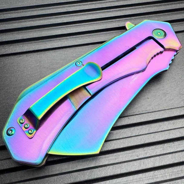 12" HUGE CLEAVER BALL BEARING Assisted Open Pocket Folding Knife RAZOR Blade Rainbow