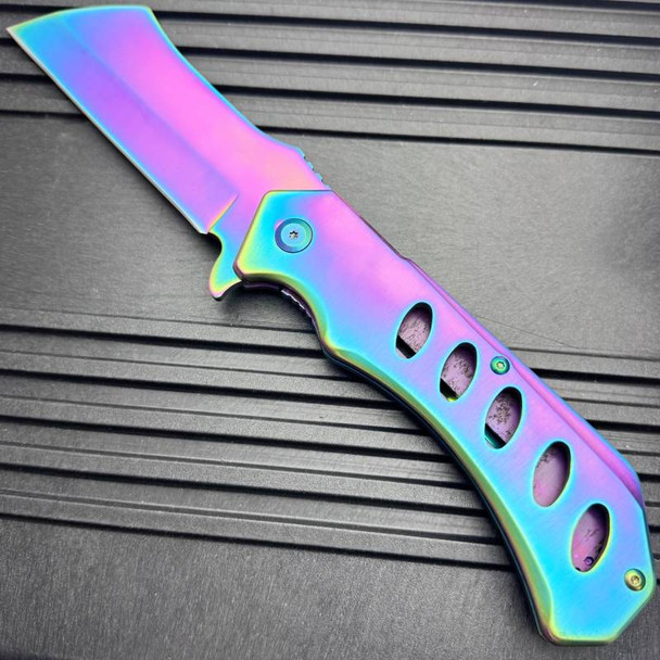 12" HUGE CLEAVER BALL BEARING Assisted Open Pocket Folding Knife RAZOR Blade Rainbow