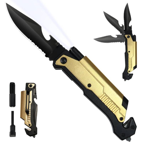 8.5" Survival Rescue Pocket Knife w/ LED Light - Gold