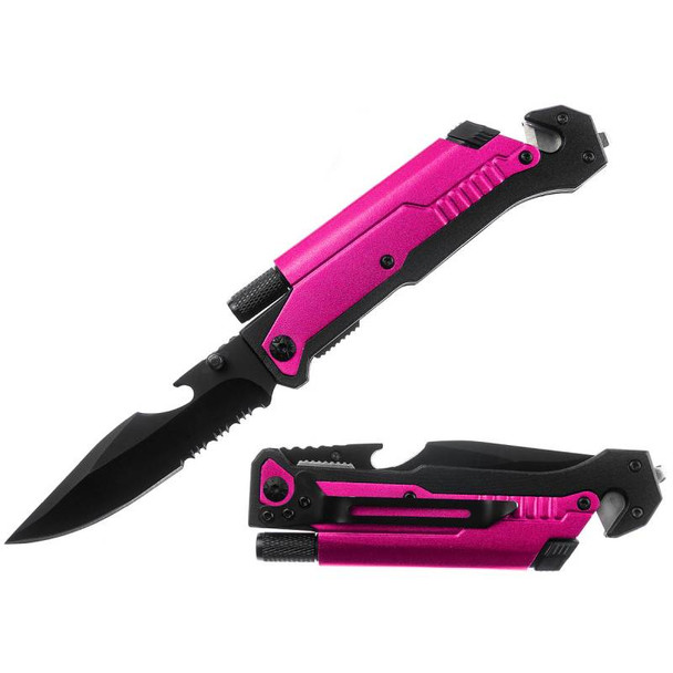 .5" Survival Rescue Pocket Knife w/ LED Light - Pink