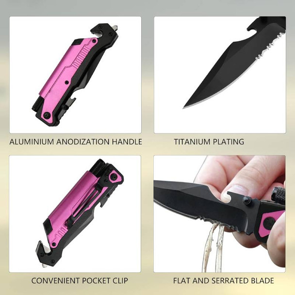 .5" Survival Rescue Pocket Knife w/ LED Light - Pink