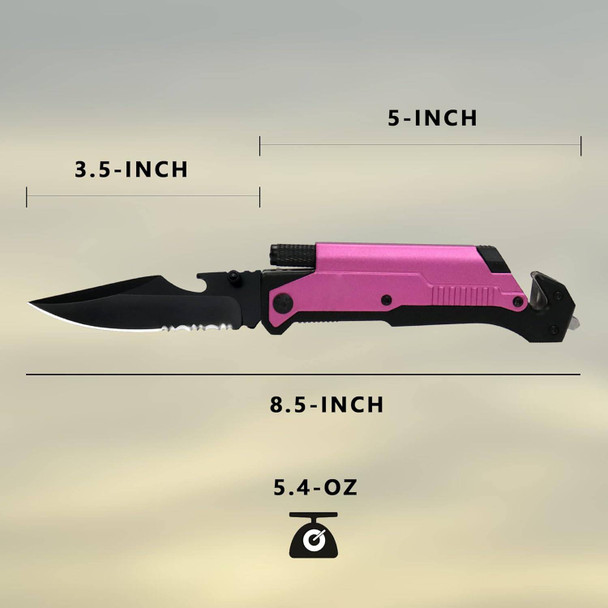 .5" Survival Rescue Pocket Knife w/ LED Light - Pink